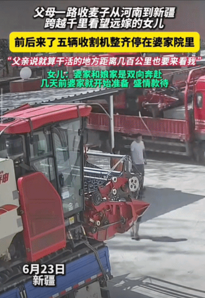 “泪目了！”河南女孩远嫁新疆，父母开着收割机收麦子，一路从河南收到了新疆，不远万