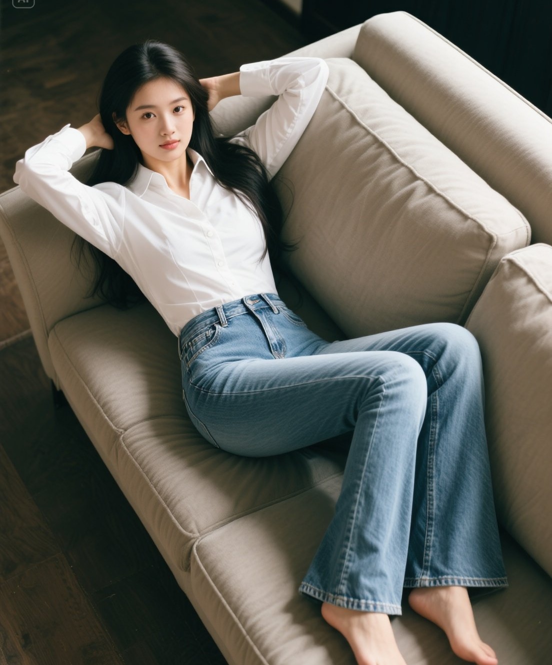 清纯少妇沙发风 牛仔裤下的甜美魅力