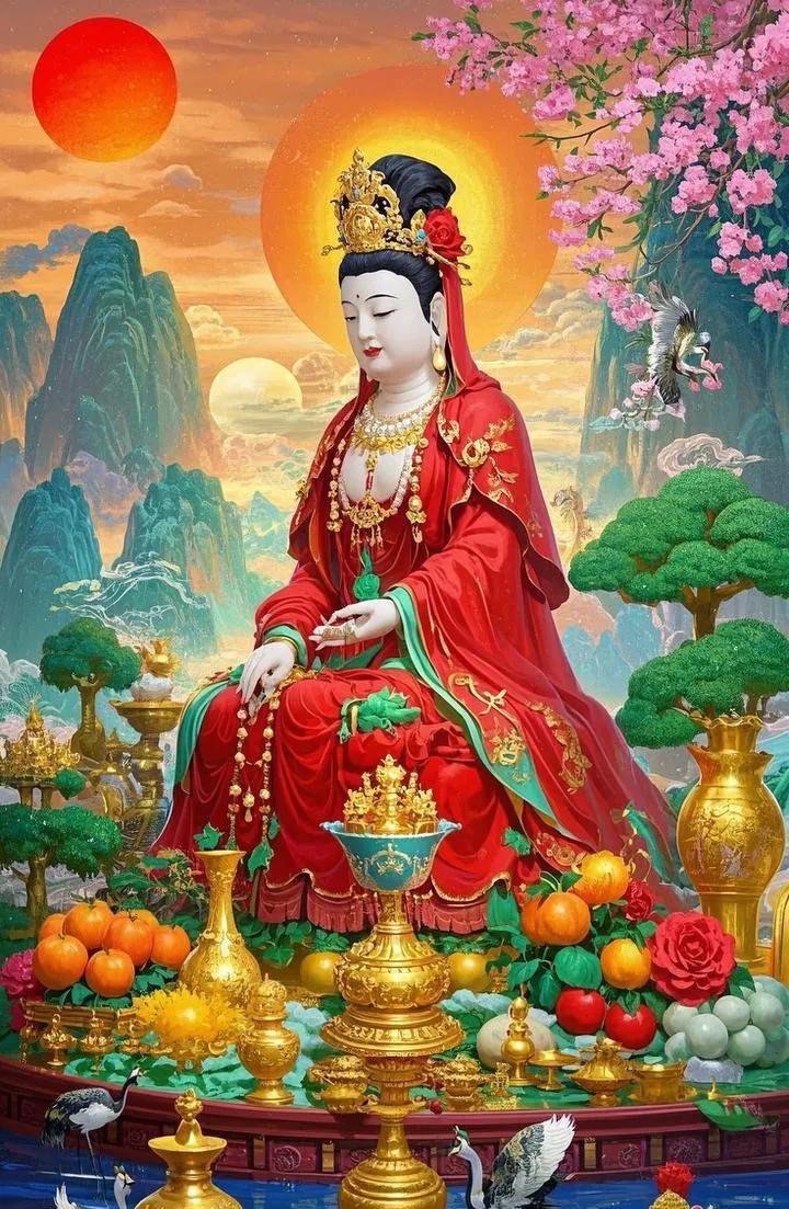 遇见观音福满仓，好事一桩接一桩。财富进门不用忙，平安健康岁月长。
今日有缘见观音