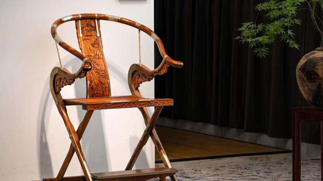 椅载山河，珍藏级，黄花梨雕山水交椅