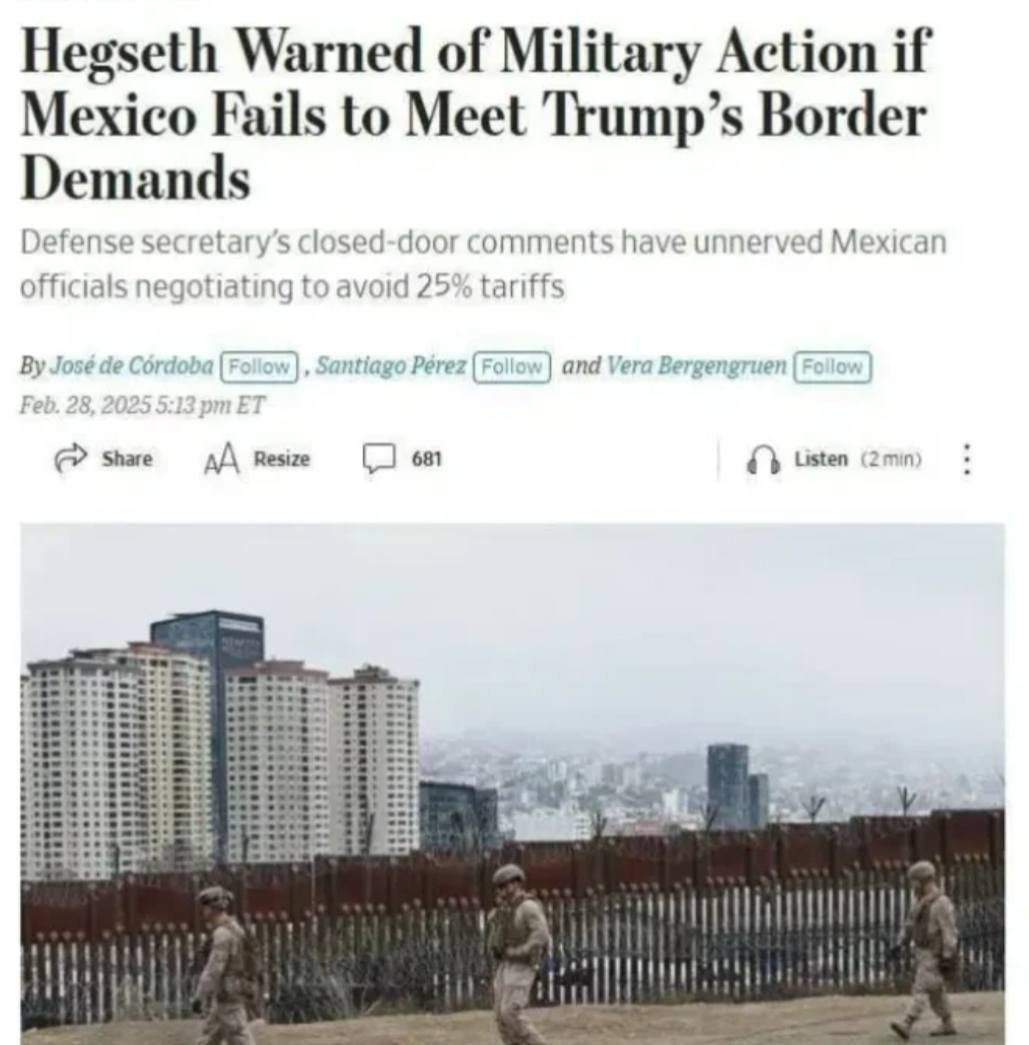 美国告知墨西哥，不解决毒贩就进攻墨西哥

美国国防部长赫格塞斯告知墨西哥军队高层