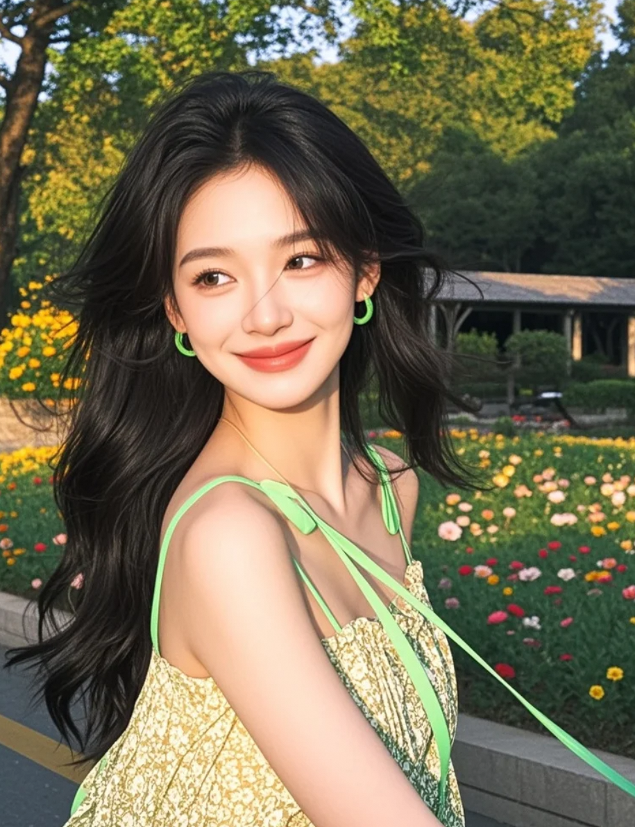  晚风轻抚长发，阳光下的东方女孩，笑容温柔如诗。