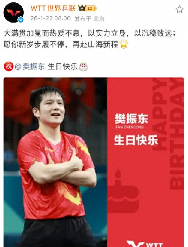 1月22日是乒乓球运动员樊振东 的生日，WTT世界乒联发博祝福樊振东生日快乐：大