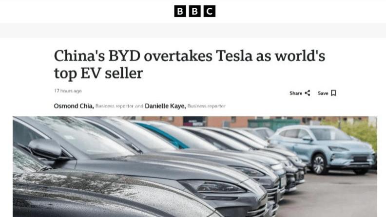 比亚迪2025年纯电销量首超特斯拉 登顶全球销冠