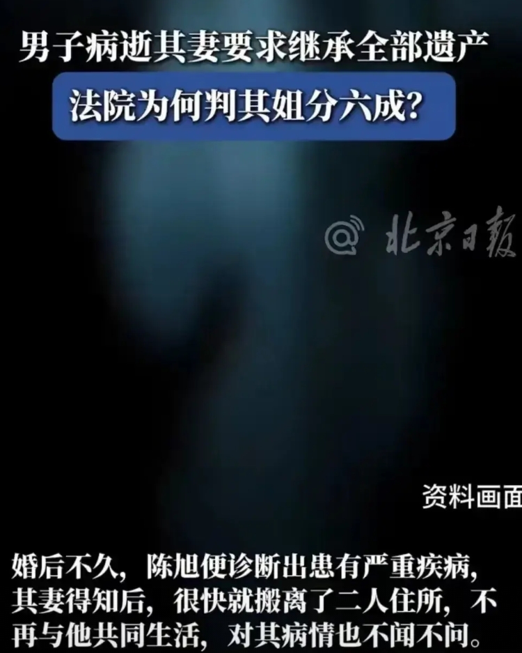 前面是丈夫犯病，妻子离家出走，丈夫死了两年之后回来和姐姐争遗产，法院判给她四成。