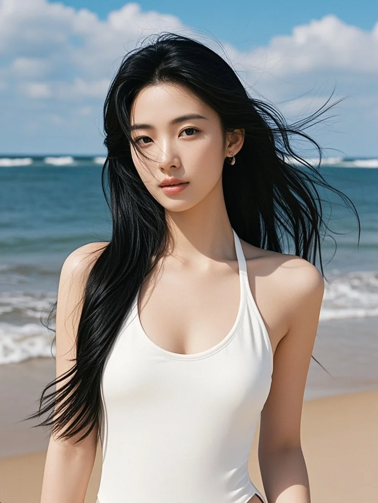海风轻拂，她的笑容比浪花更灿烂