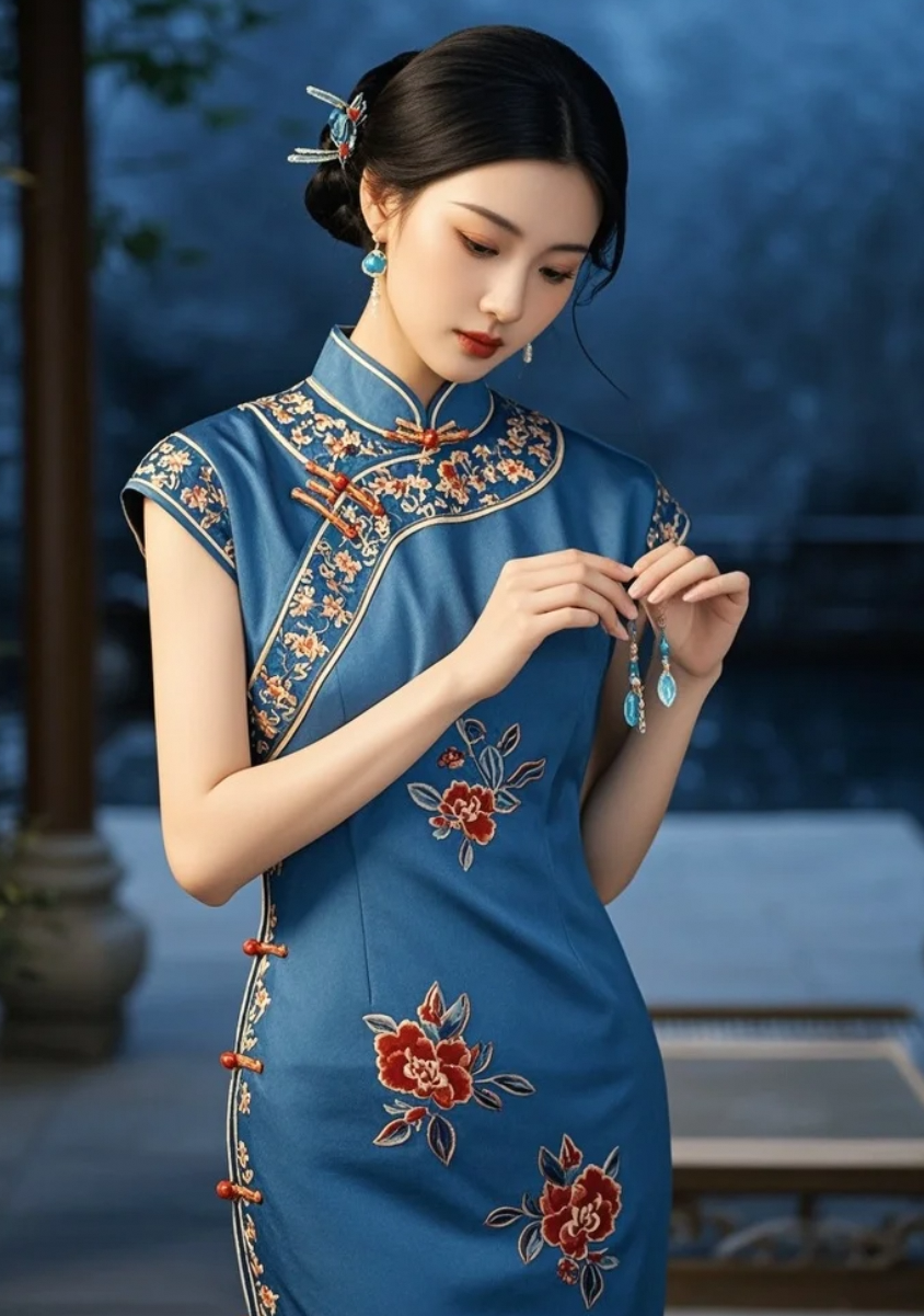 一条丝缎蓝旗袍，一条高定珠宝链，她把优雅穿在了身上