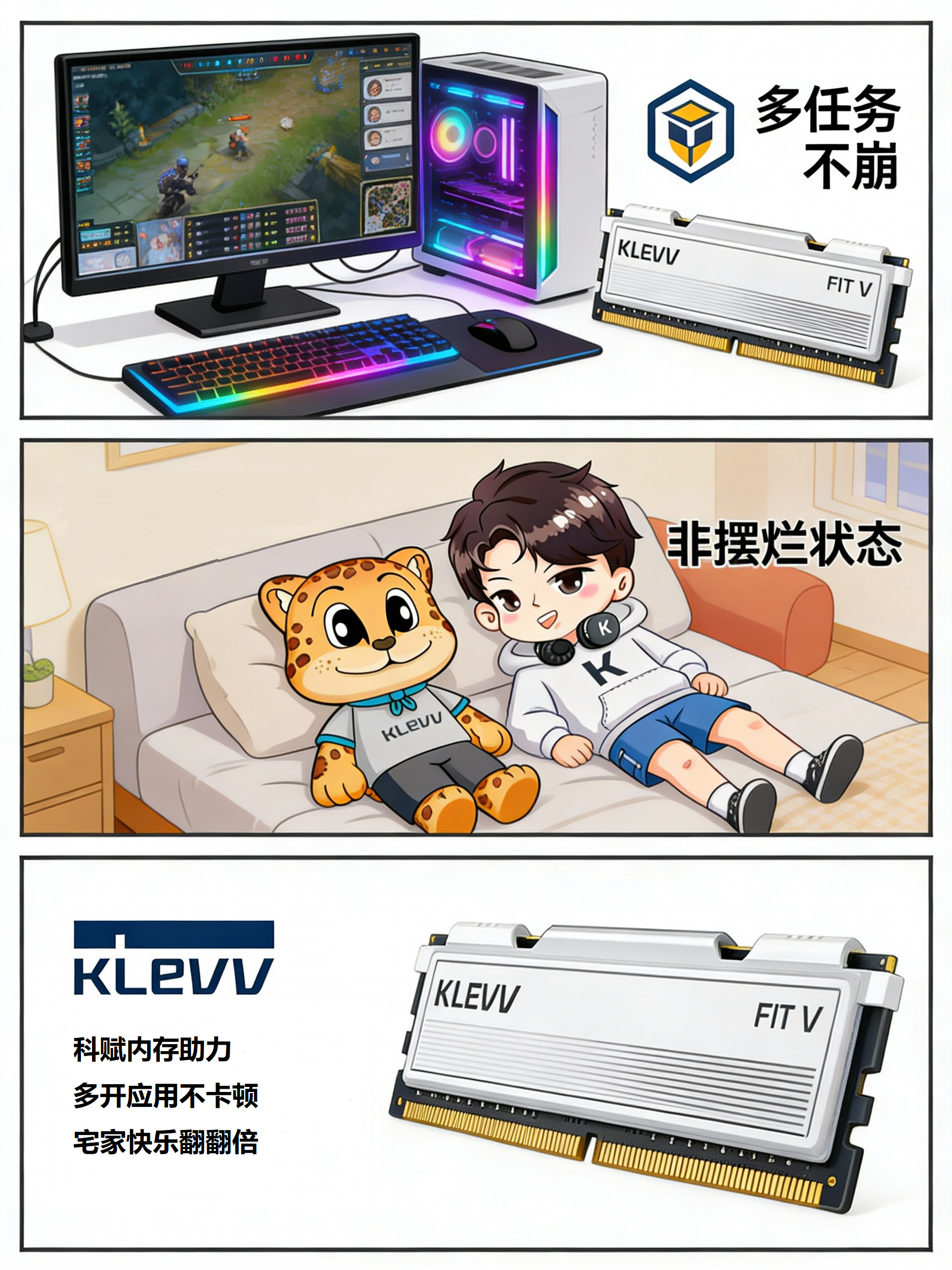 科赋内存连接的电脑上同时运行游戏、追剧、聊天，RGB 灯效随呼吸灯切换颜色，休息