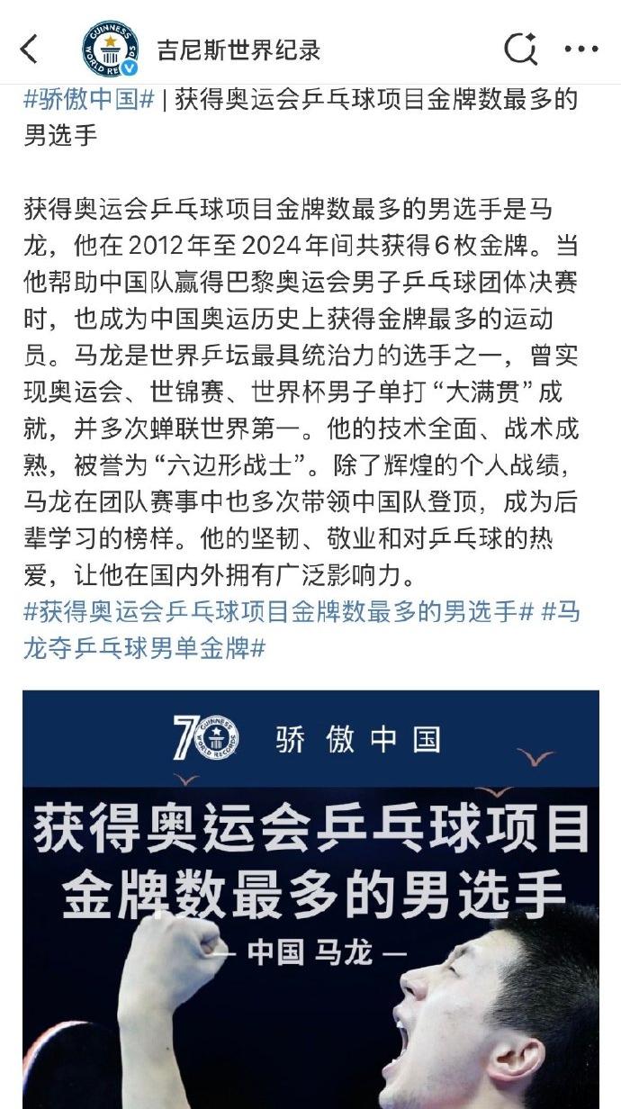 龙队，奥运六金王！@吉尼斯世界纪录发文指出，马龙是获得奥运会乒乓球项目金牌数最多