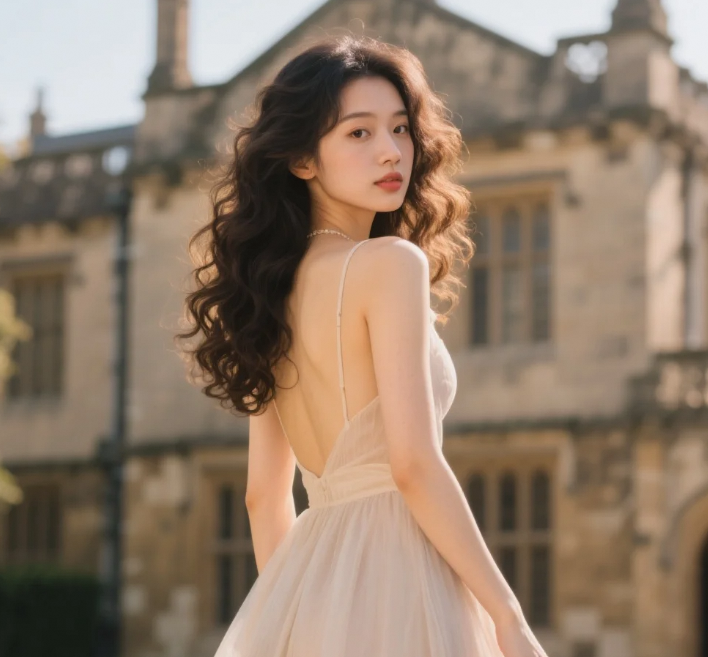 甜美少女站在阳光编织的舞台上，背后是如诗如画的美景