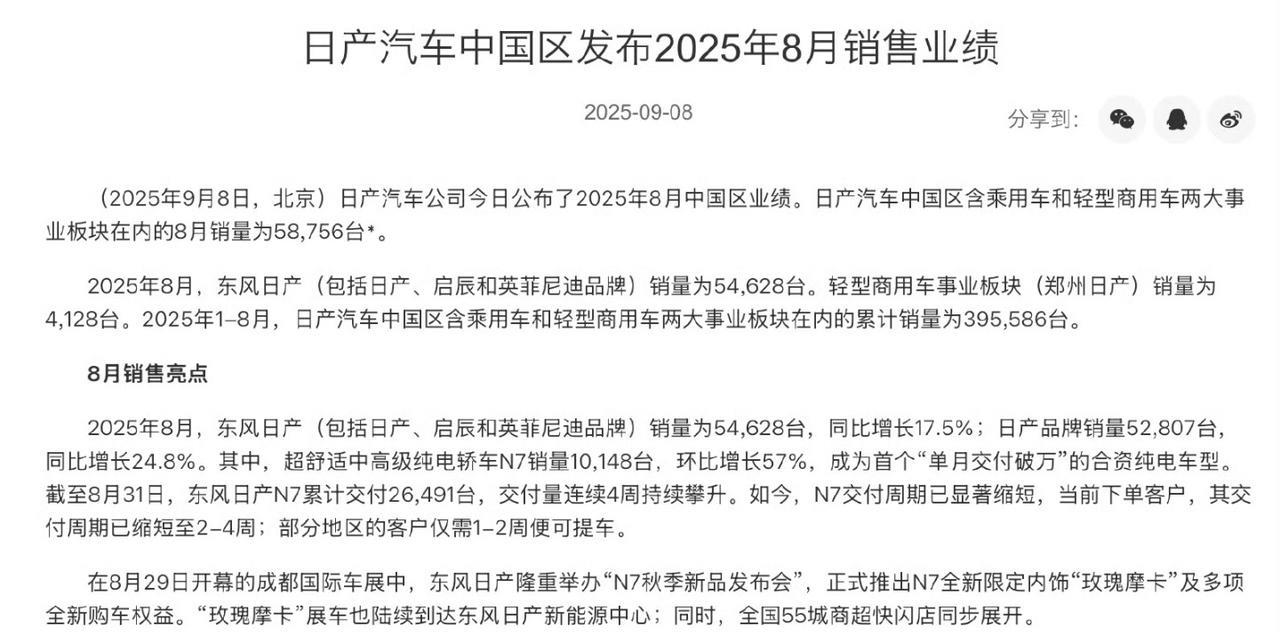 日产汽车8月销量暴增19.4%，主要还是纯电动销量上来了！
昨天，日产汽车公布了