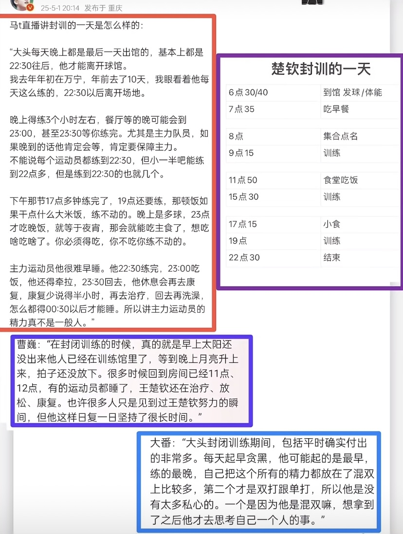 王楚钦的封训日常，是努力的生动注脚。清晨6点多，太阳未升，他已在球馆练发球、做体