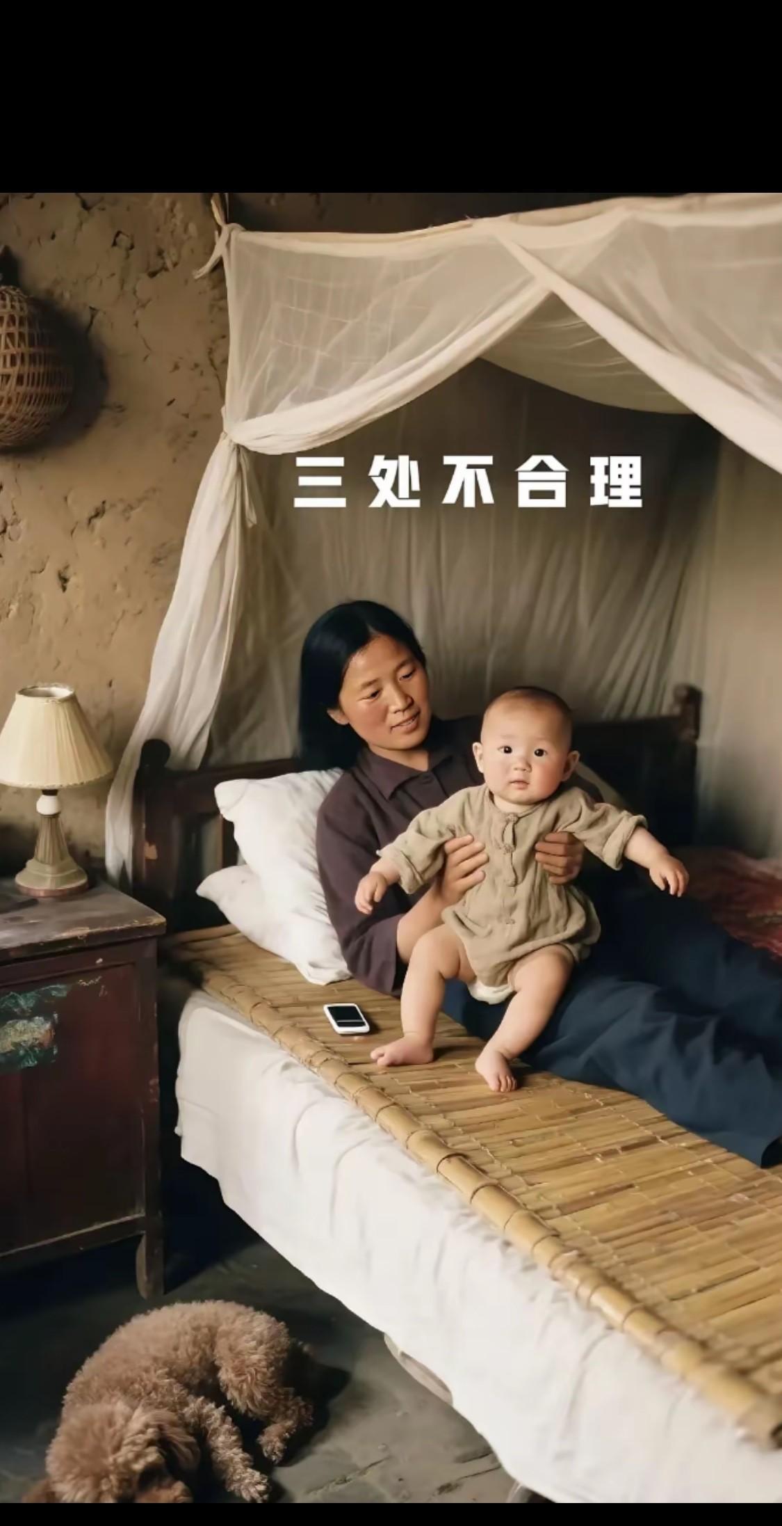 这是四五十年前的一幅景象，图中一位妈妈抱着孩子在床上，你可以看出来图中有三处和那