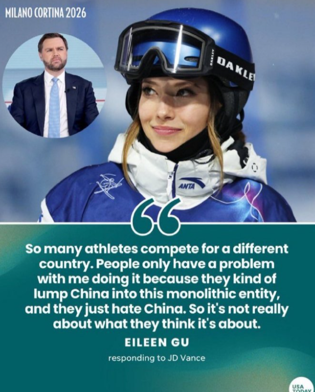 谷爱凌对美国副总统万斯就她代表中国参赛的批评做出了回应：

万斯在接受采访时表示
