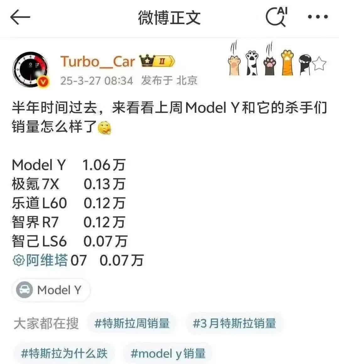 各位大哥上市的时候不都说是model Y杀手吗？销量这么点？