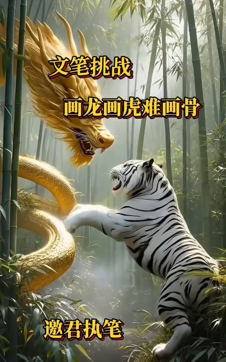 文笔挑战：画龙画虎难画骨。
邀君执笔，龙虎。