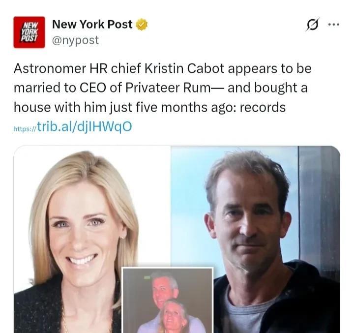 美IT公司出轨的HR总监不仅有老公，还是二婚。
克里斯汀·卡伯特的丈夫安德鲁·卡