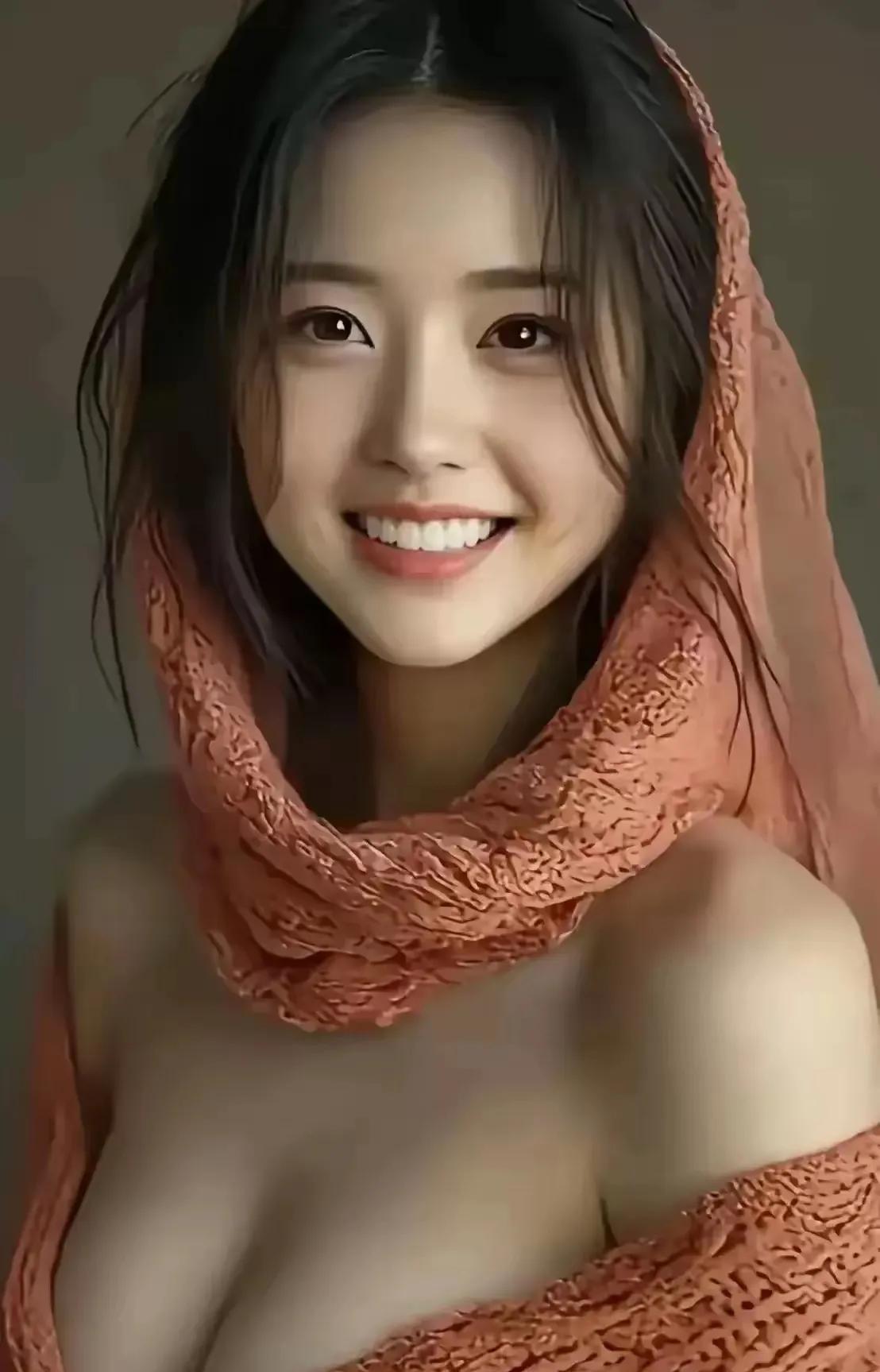 温柔甜美的少女，笑靥如花，橙色的围巾增添了一抹暖意。