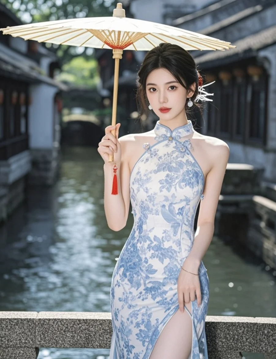 她穿旗袍像被江南烟雨腌过的青瓷，一颦一笑都在滴水墨！