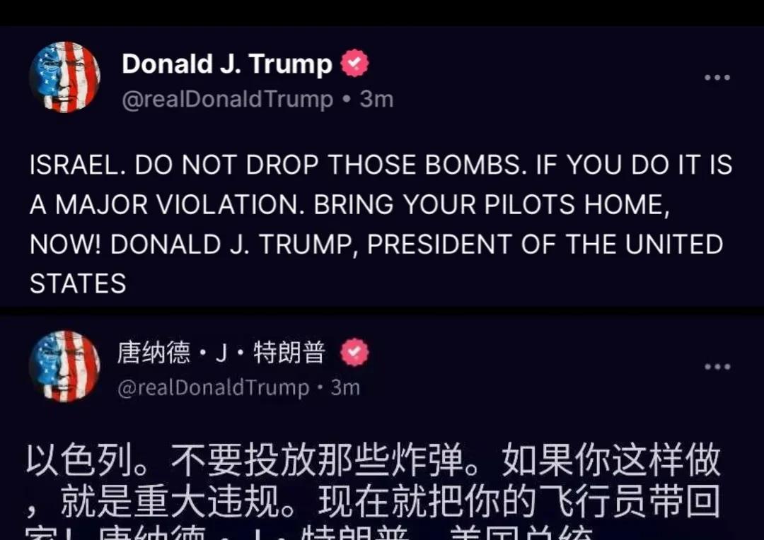 那个男人发话了，让以色列不要向伊朗扔炸弹，让以色列把他们的飞行员带回家。不然就是