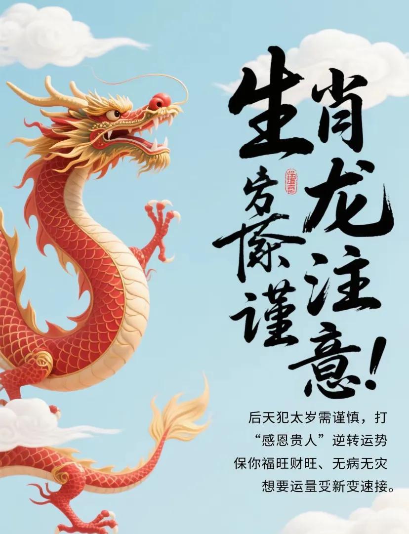 生肖龙注意！
后天犯太岁需谨慎，
打“感恩贵人”逆转运势，
保你福旺财旺、无病无