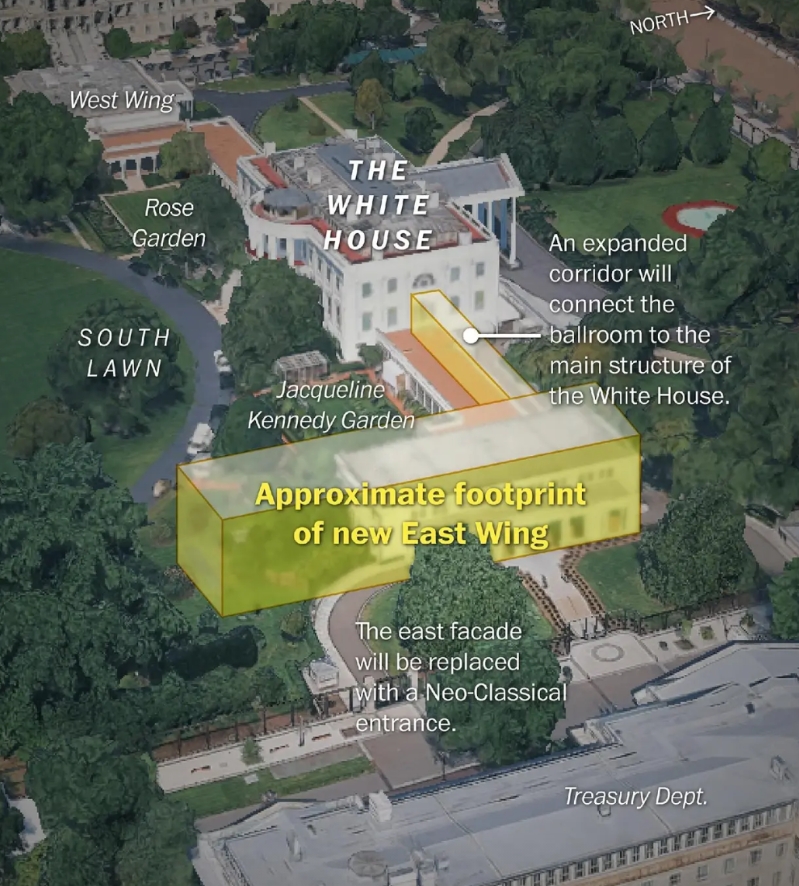 白宫东翼建筑被拆除，将盖一个巨大的宴会厅（舞厅）。示意图显示了新宴会厅的规模，这