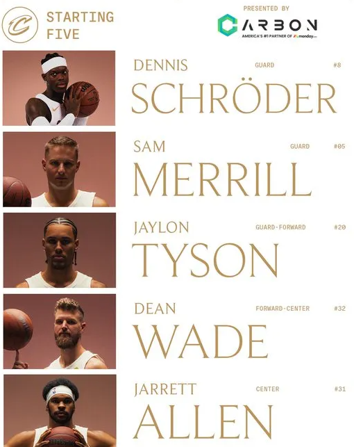 骑士更新官方社媒，公布了球队今日的首发阵容。
骑士首发：韦德、泰森、梅里尔、施罗