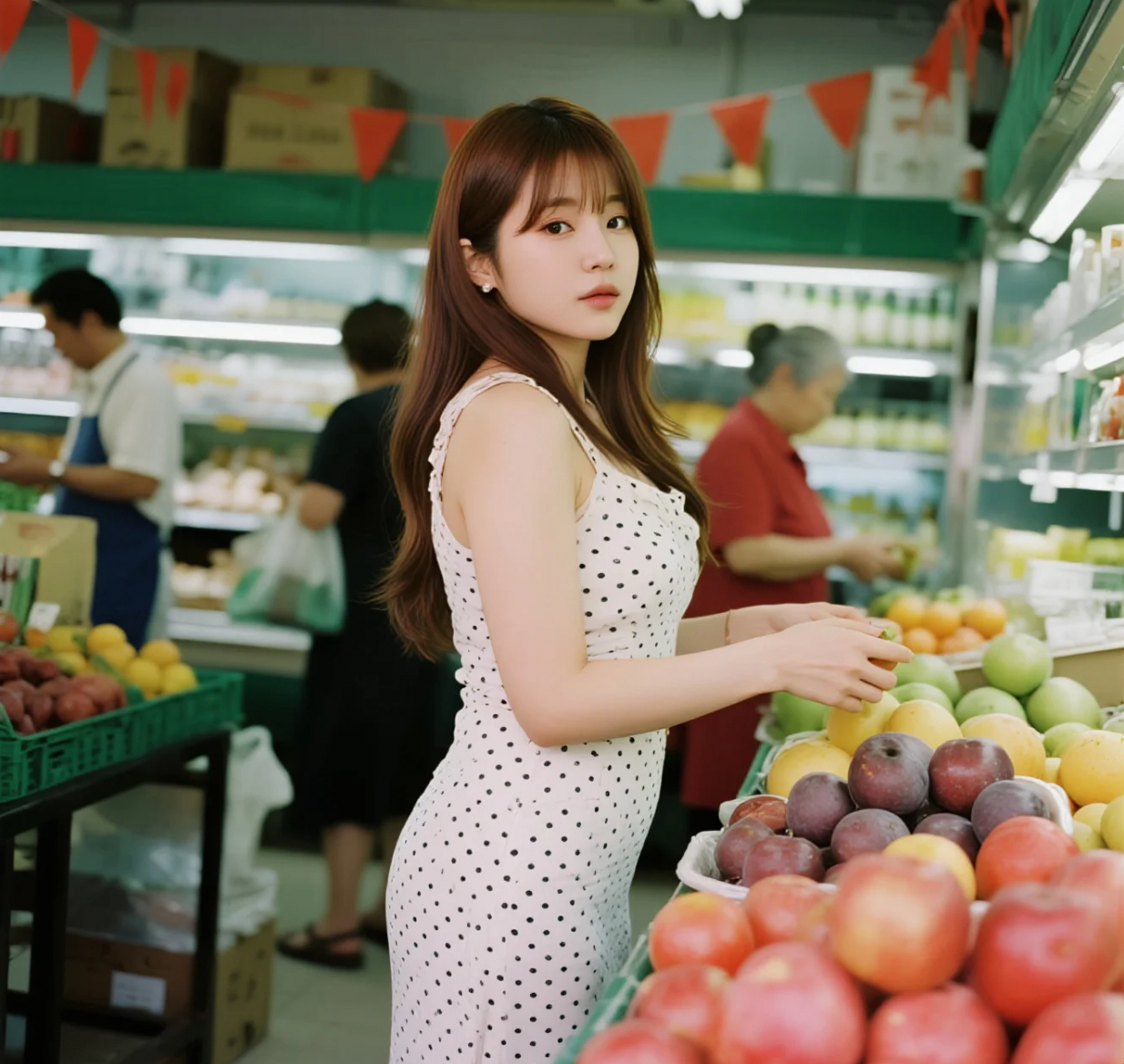水果店里的小清新：她认真挑选水果的样子太可爱了