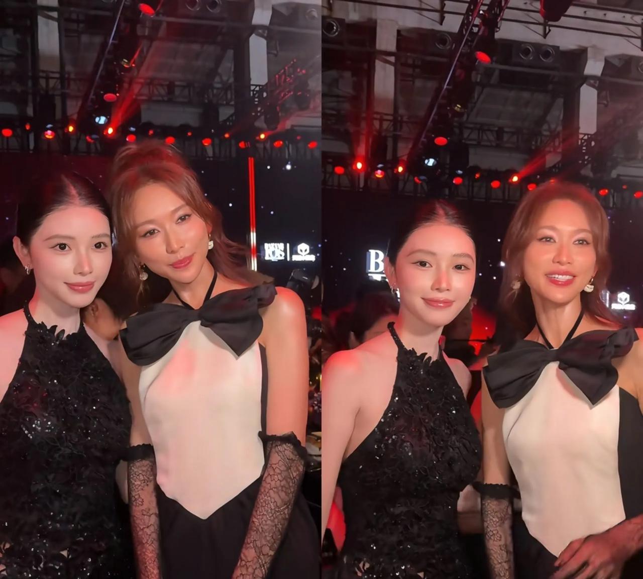 林志玲出席晚宴，方圆在晚宴上与林志玲合影了，不得不说，志玲姐姐50多了，还能维持