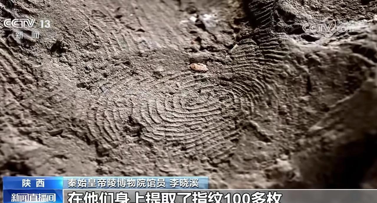 央视展示兵马俑最新发现的一枚“斗形纹”指纹。
从画面看，这枚“斗形纹”指纹，纹线