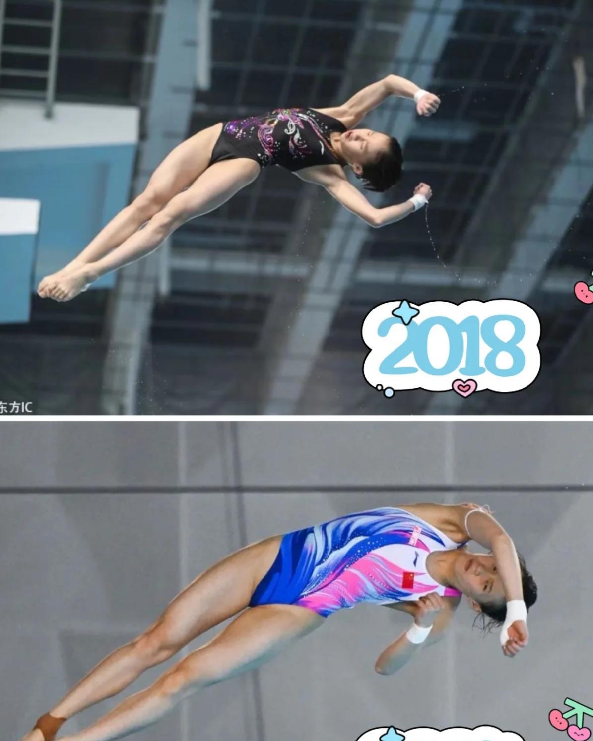 2018年和2025年陈芋汐的五组动作抓拍对比，是长大了一圈但依然细长一条，不靠