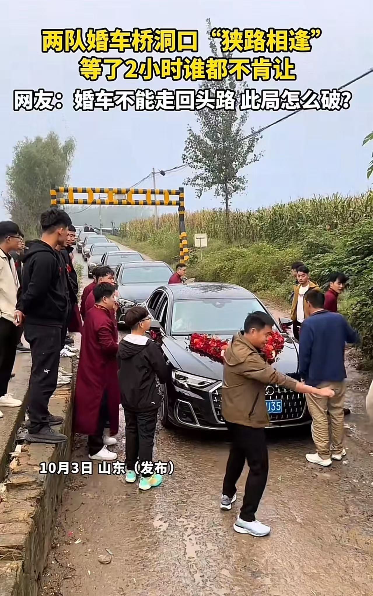 山东，两队婚车桥洞口“狭路相逢”，等了2小时谁都不肯让！网友：婚车不能走回头路，