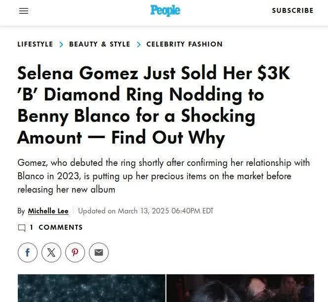 据外媒，Selena Gomez 决定以12美元白菜价卖掉与 Benny Bla