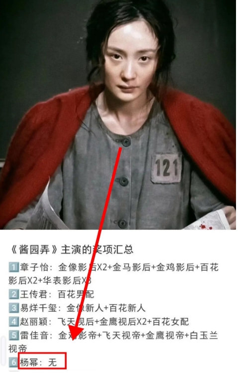 翻看《酱园弄》的演员表，发现众多主演中只有杨幂的获奖记录是“无”
作为85花，出
