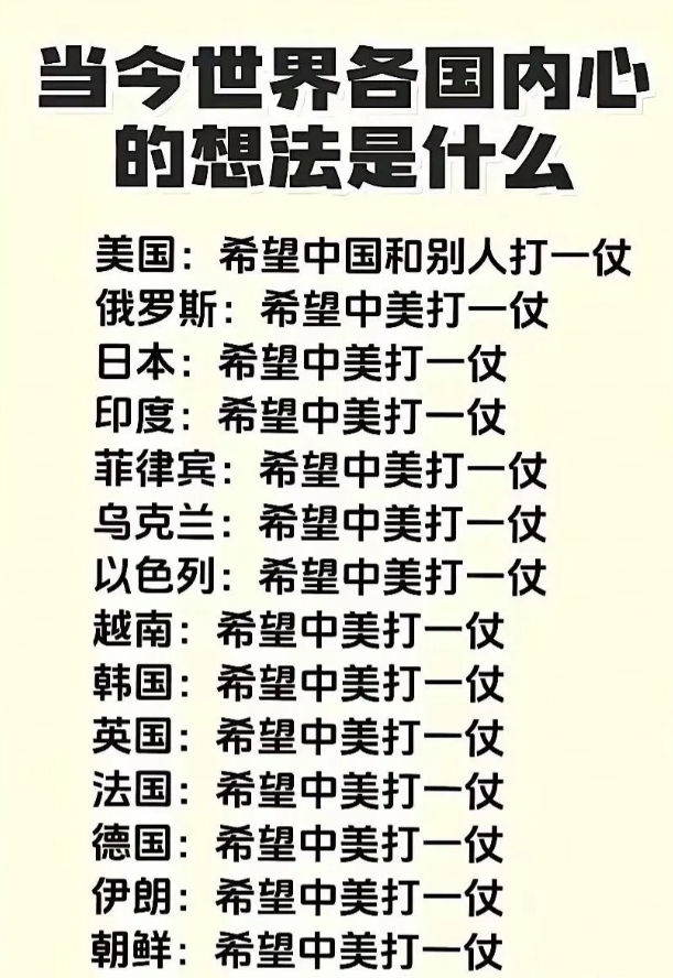 中国和美国打一仗，这是许多国家梦寐以求的事情，包括俄罗斯、日本、印度、菲律宾、越