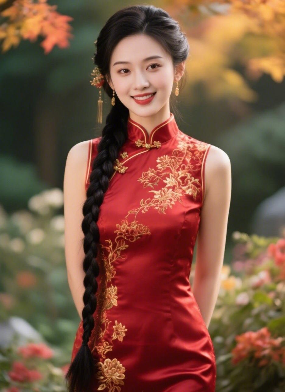 优雅旗袍，秋日花海中的东方美人
