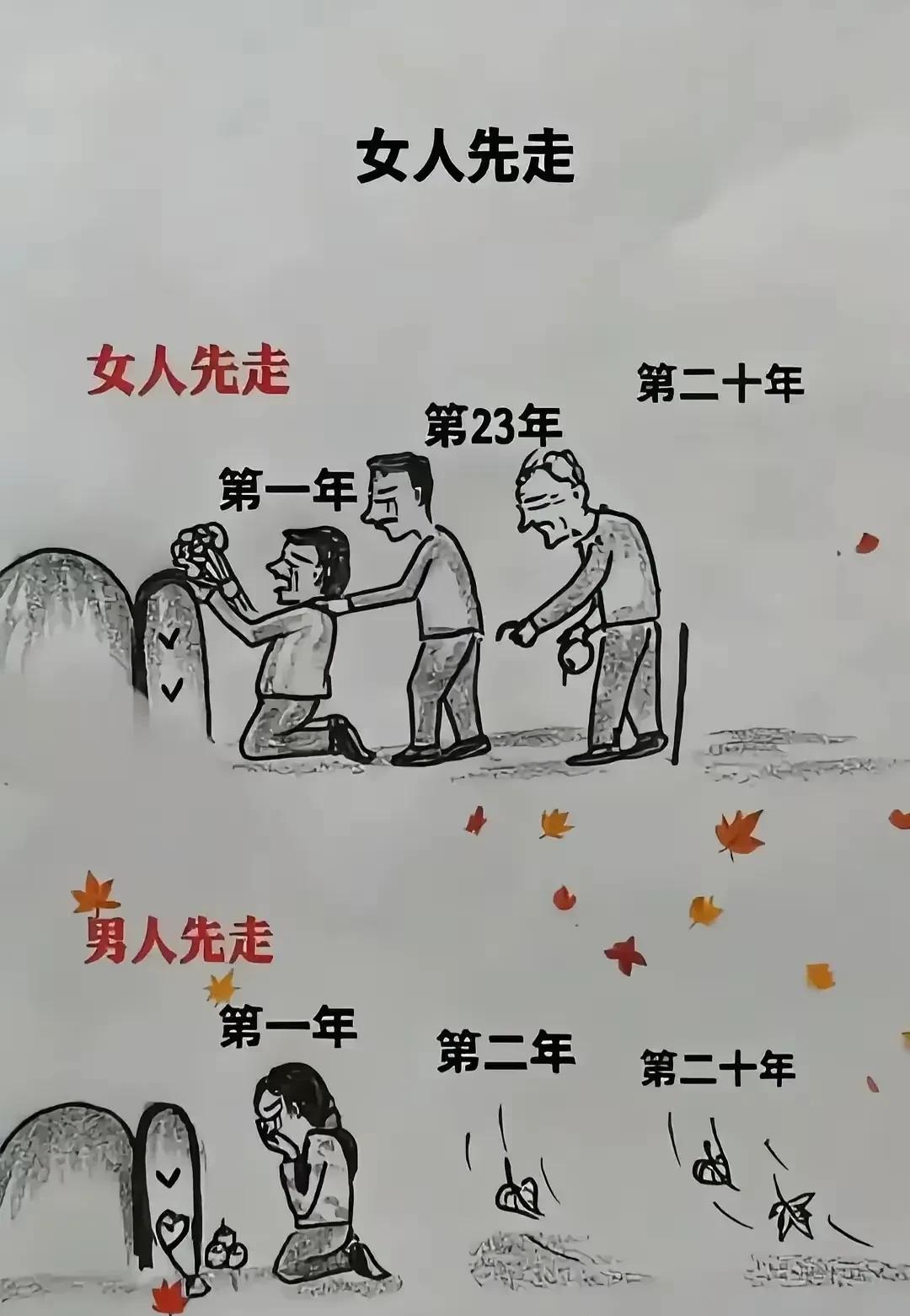 绝对画反了，我敢保证!
女人先走，男人可能用不了一年就会另寻新欢。
男人先走，女