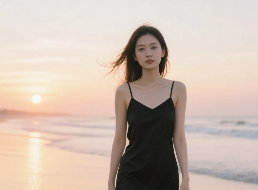 看着海浪一波接一波地涌来，我穿着连衣裙静静地站着，心中满是期待。