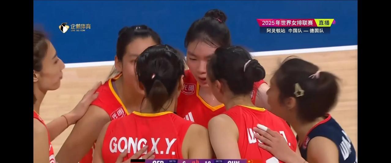 女排世联赛第三场中国女排vs德国女排，第一局中国队22-25。
德国队好凶啊，两