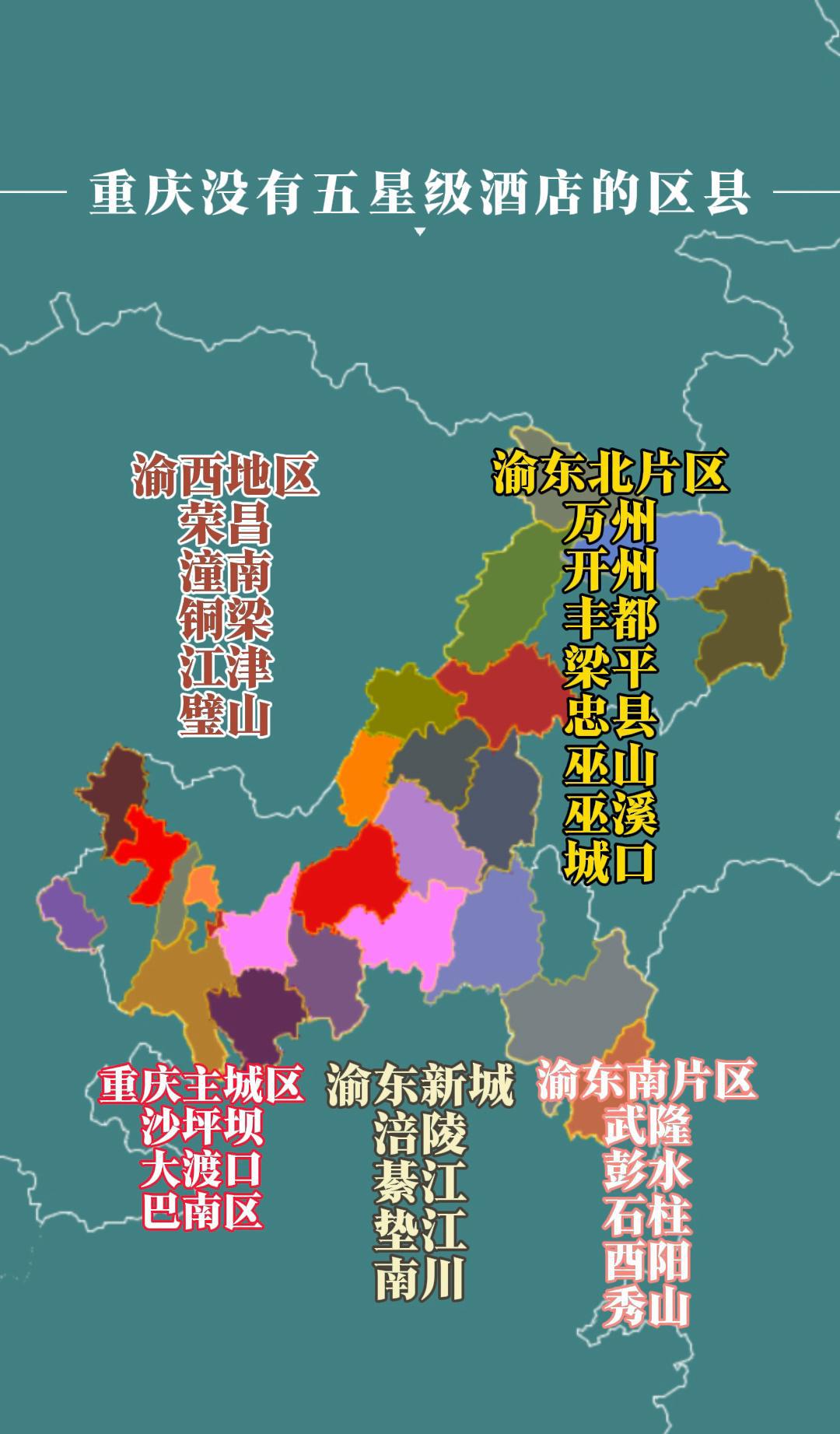 重庆部分区县尚无五星级酒店。这些区县包括：万州、梁平、忠县、巫山、渝东南地区、重