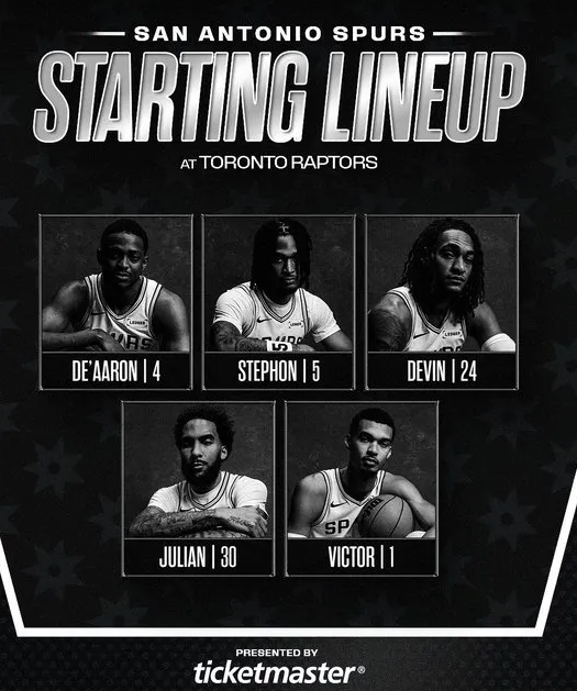 NBA马刺将对阵猛龙。
马刺更新官方社媒，公布了今日比赛的首发阵容。
马刺首发：