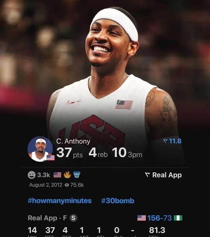 美媒Real Sports更新社交媒体，晒出卡梅罗-安东尼曾经在国家队上演的神迹