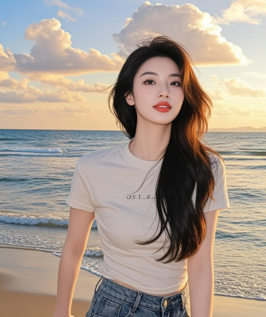 在落日余晖中，她以长发为翼，以亲和笑容为光，翱翔于海岸