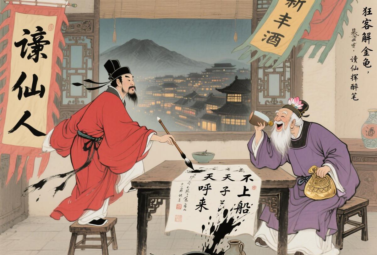 金龟换酒续：李白赋诗谢贺老，夸张笔触逗乐狂客
在长安的繁华街头，贺知章以金龟换酒