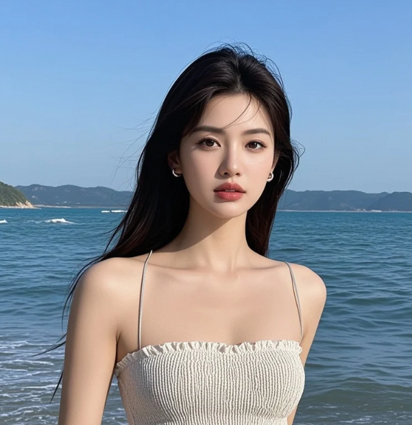 海风轻吻发梢，她与蔚蓝海岸共绘一幅心动画卷
