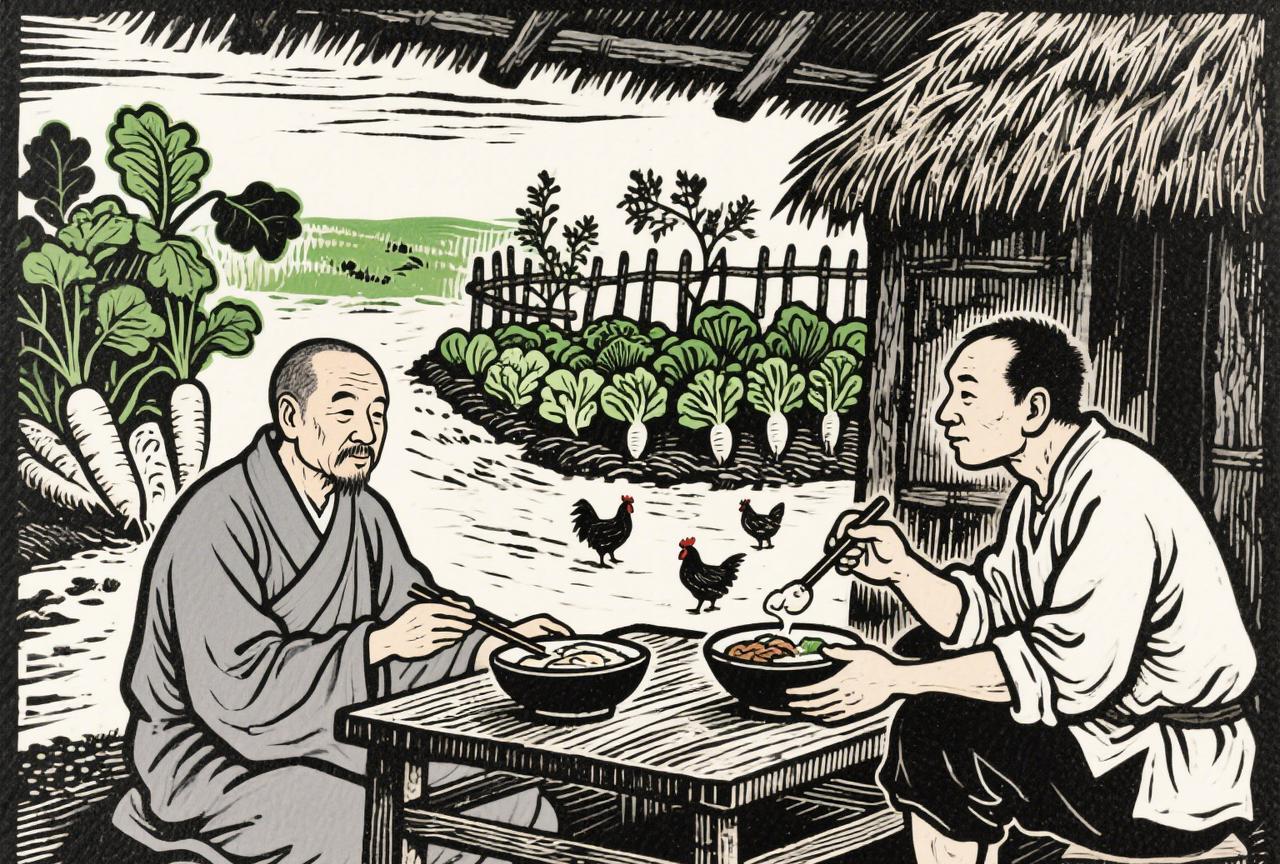 五代时，一个僧人在路边搭了一间茅屋，靠种植蔬菜和人们布施生活；
有一天，僧人做梦