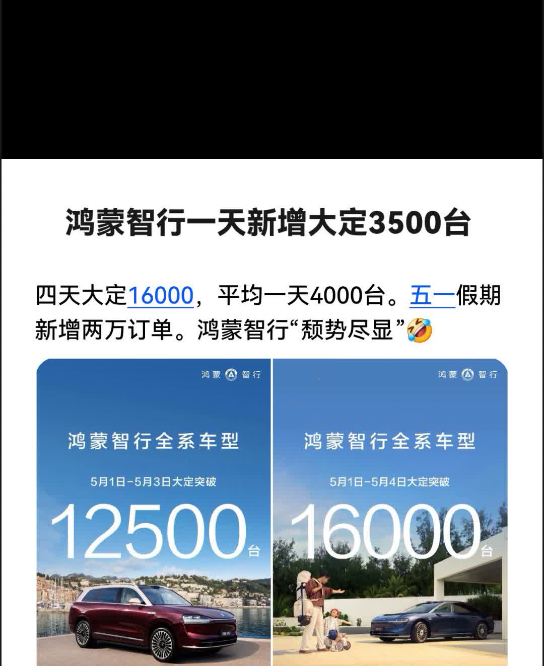 鸿蒙智行一天新增大定3500台，四天大定16000，平均一天4000台。五一假期
