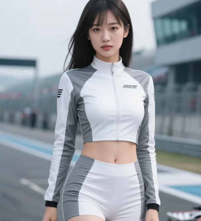 赛车场上的梦幻甜光，女郎傲人身姿与甜美容颜闪耀