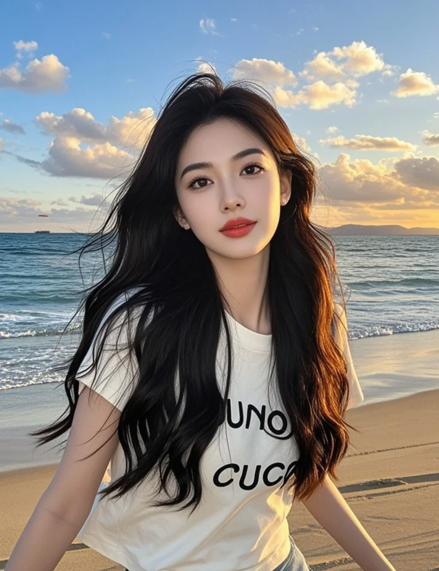 她迎着海风微笑，长发如波浪般随风飘荡