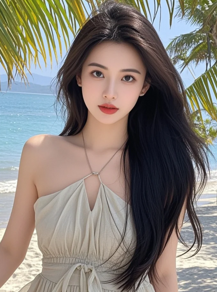 海浪作背景，她比阳光还耀眼
